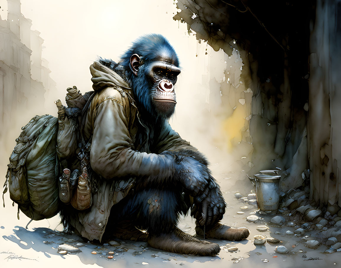 Anthropomorphic gorilla illustration in urban alley contemplation