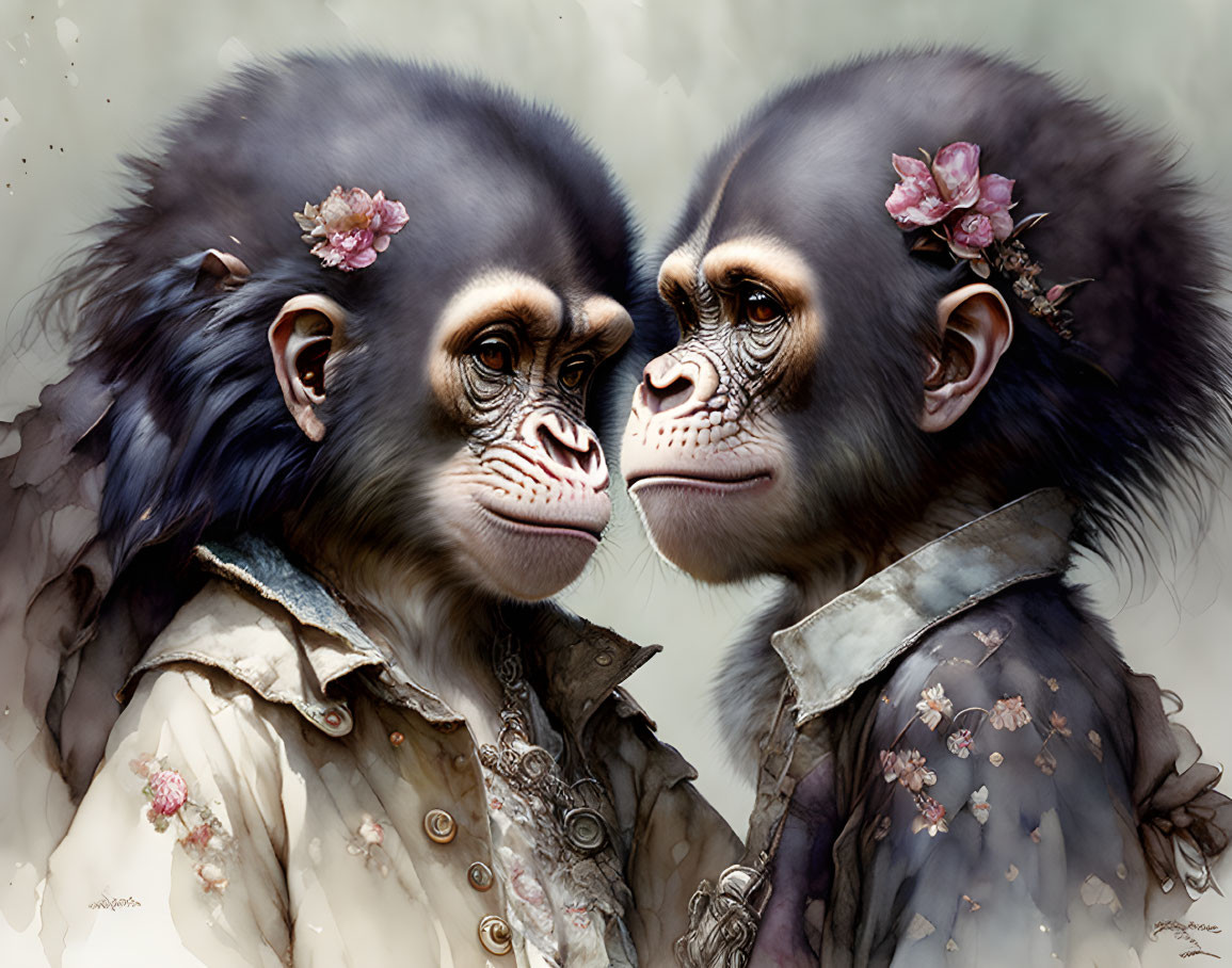 Anthropomorphic monkeys in vintage attire with floral accents on muted background