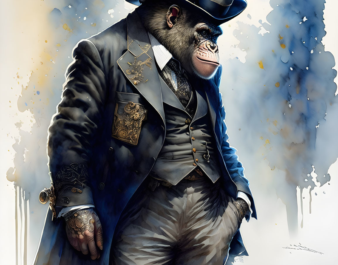 Anthropomorphic baboon in Victorian suit with cane