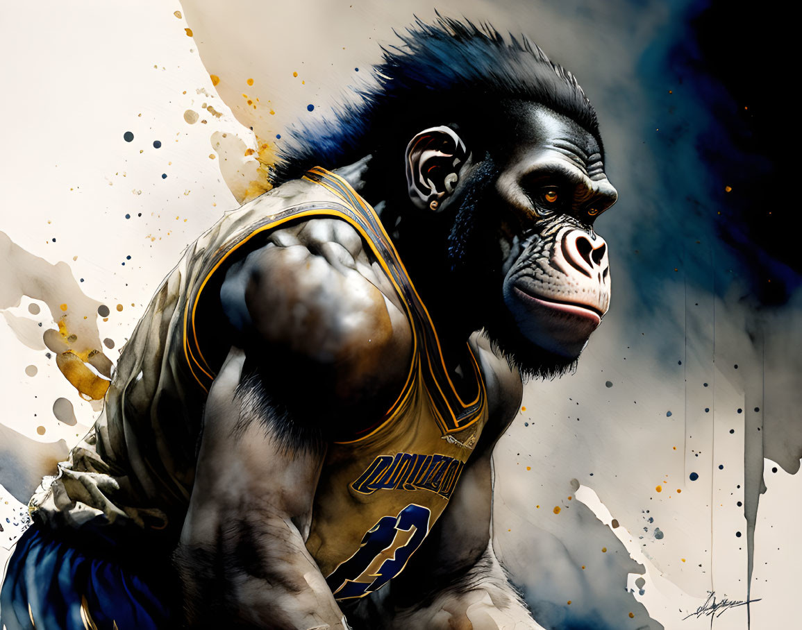 Digital illustration of muscular gorilla in basketball jersey 