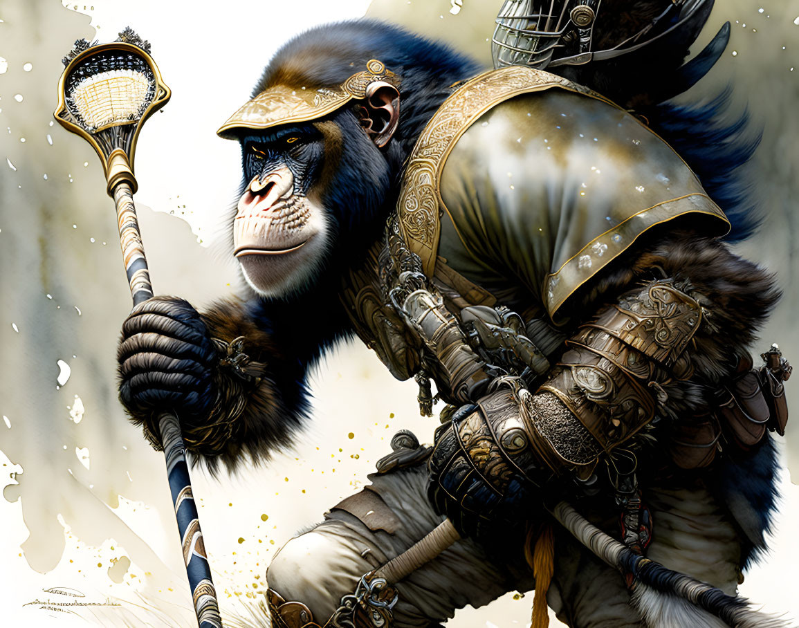 Anthropomorphic monkey warrior in ornate armor with staff on beige background