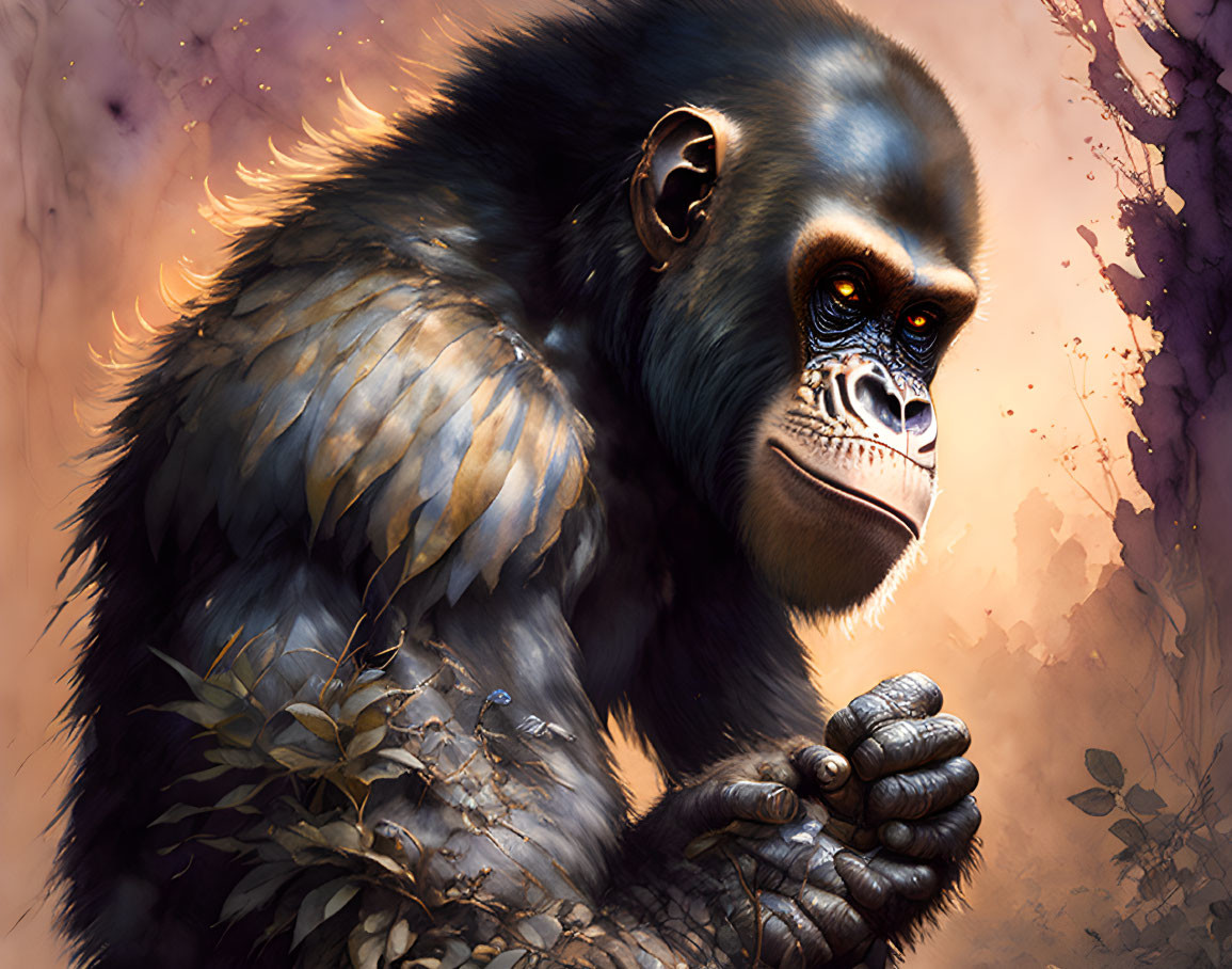 Anthropomorphic gorilla with dark eyes and feathered elements on warm abstract background