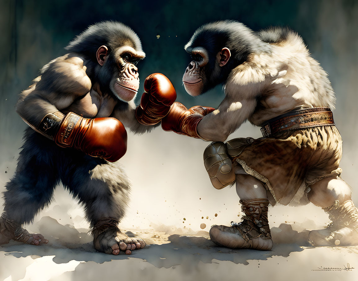 Muscular chimpanzees in boxing gear against smokey background