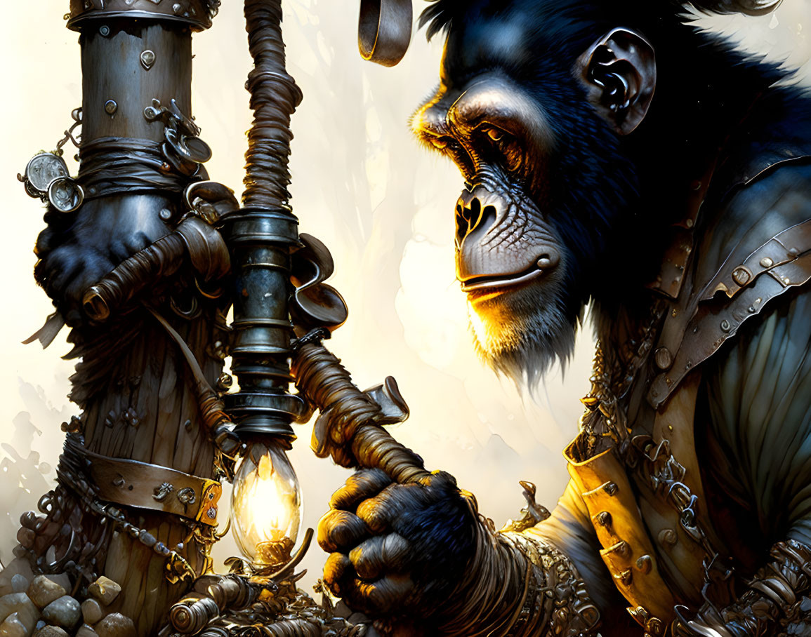 Detailed illustration of thoughtful ape in armor with staff and glowing orb among mechanical details