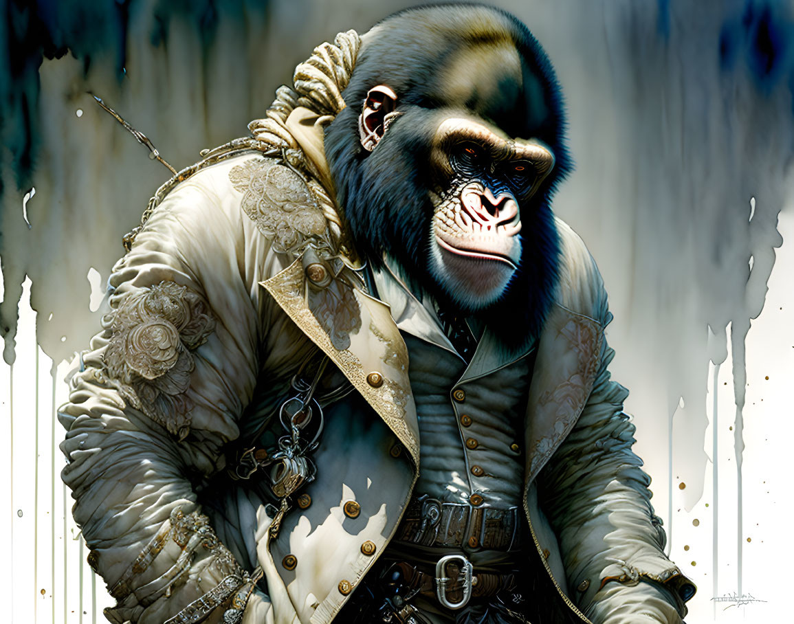 Gorilla in regal cream jacket with sash and authority vibe