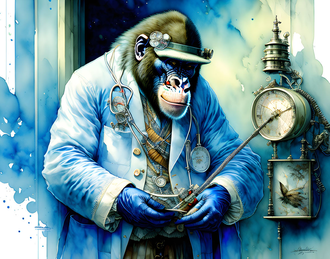 Steampunk anthropomorphic gorilla in doctor attire with tools among clocks