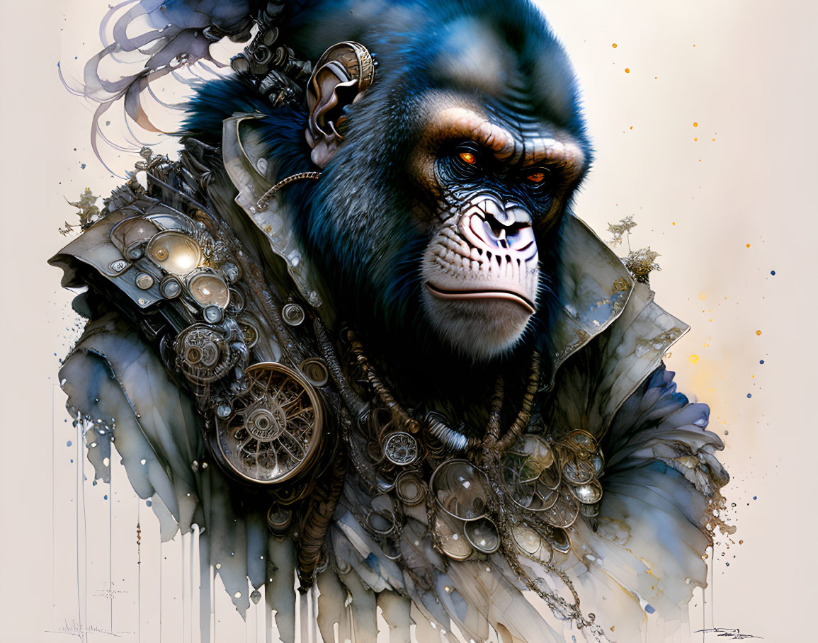 Detailed Steampunk Gorilla Illustration with Thoughtful Expression