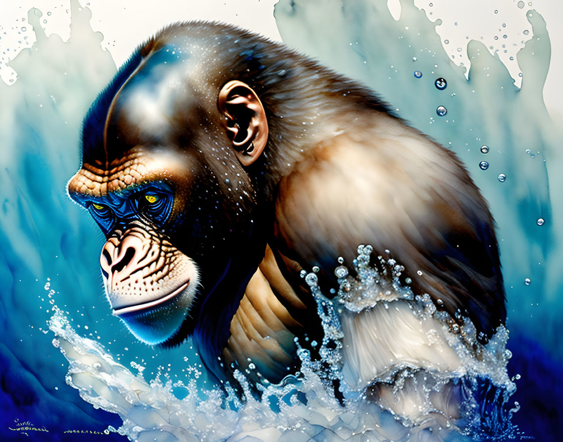 Detailed gorilla head illustration with water splashes on blue background