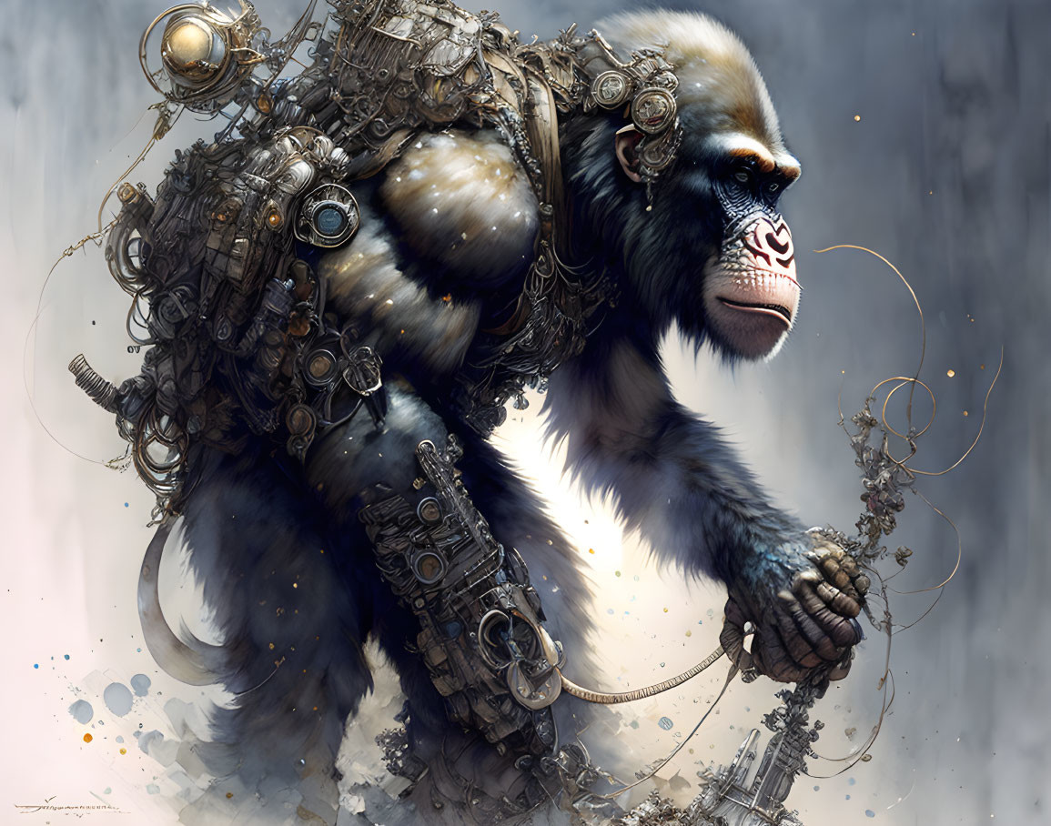 Detailed Cybernetic Gorilla Illustration with Mechanical Parts and Armor on Smoky Background