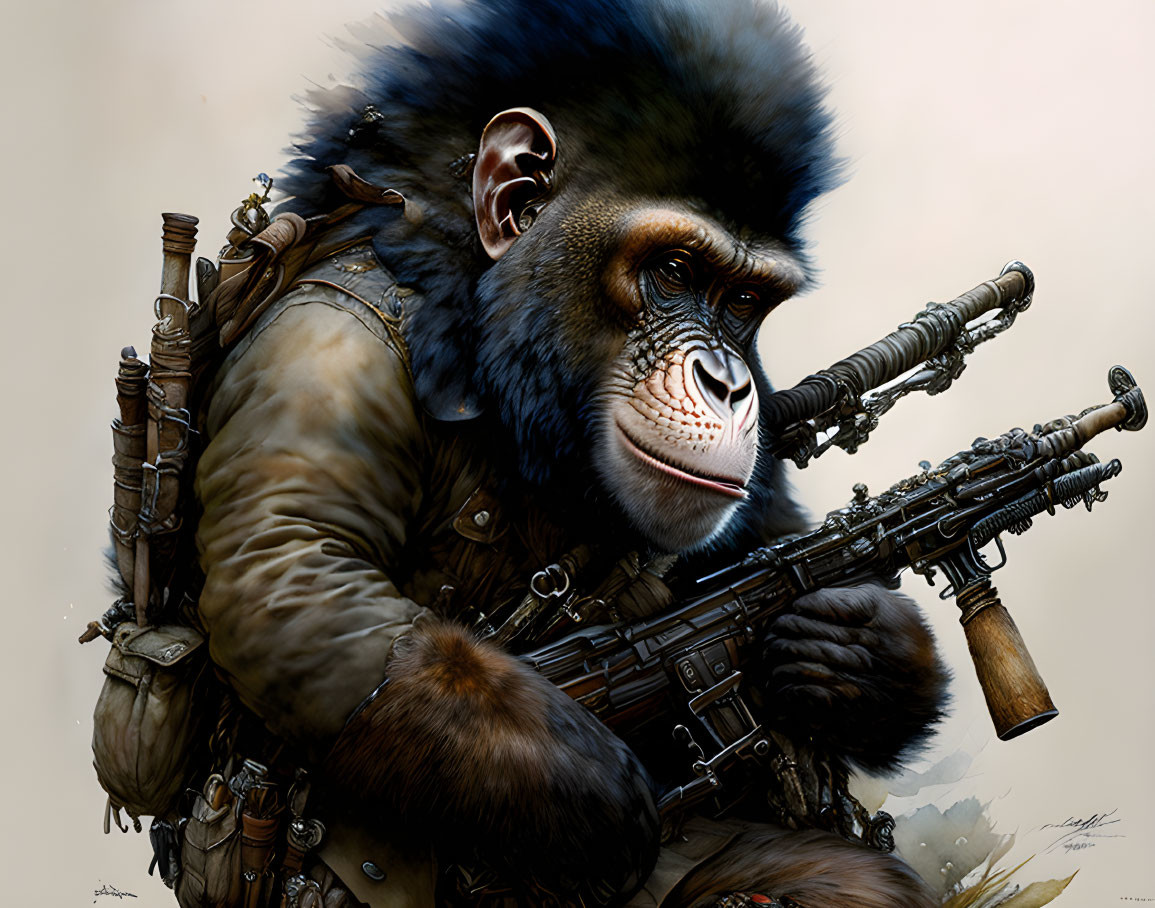 Mandrill illustration with human-like features in military gear with assault rifle