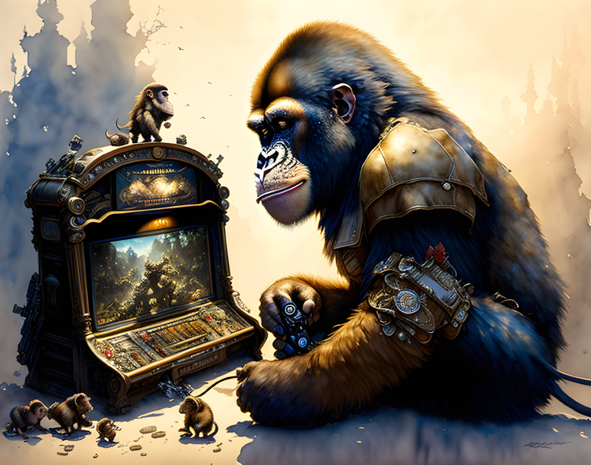 Gorilla in armor with cybernetic arm beside arcade cabinet with baby monkeys