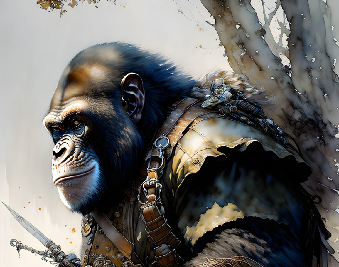 Detailed gorilla illustration in leather harness and metal armor against abstract background