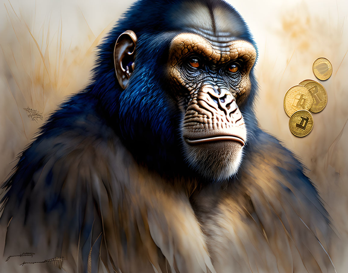 Detailed digital artwork of contemplative gorilla with Bitcoin symbols