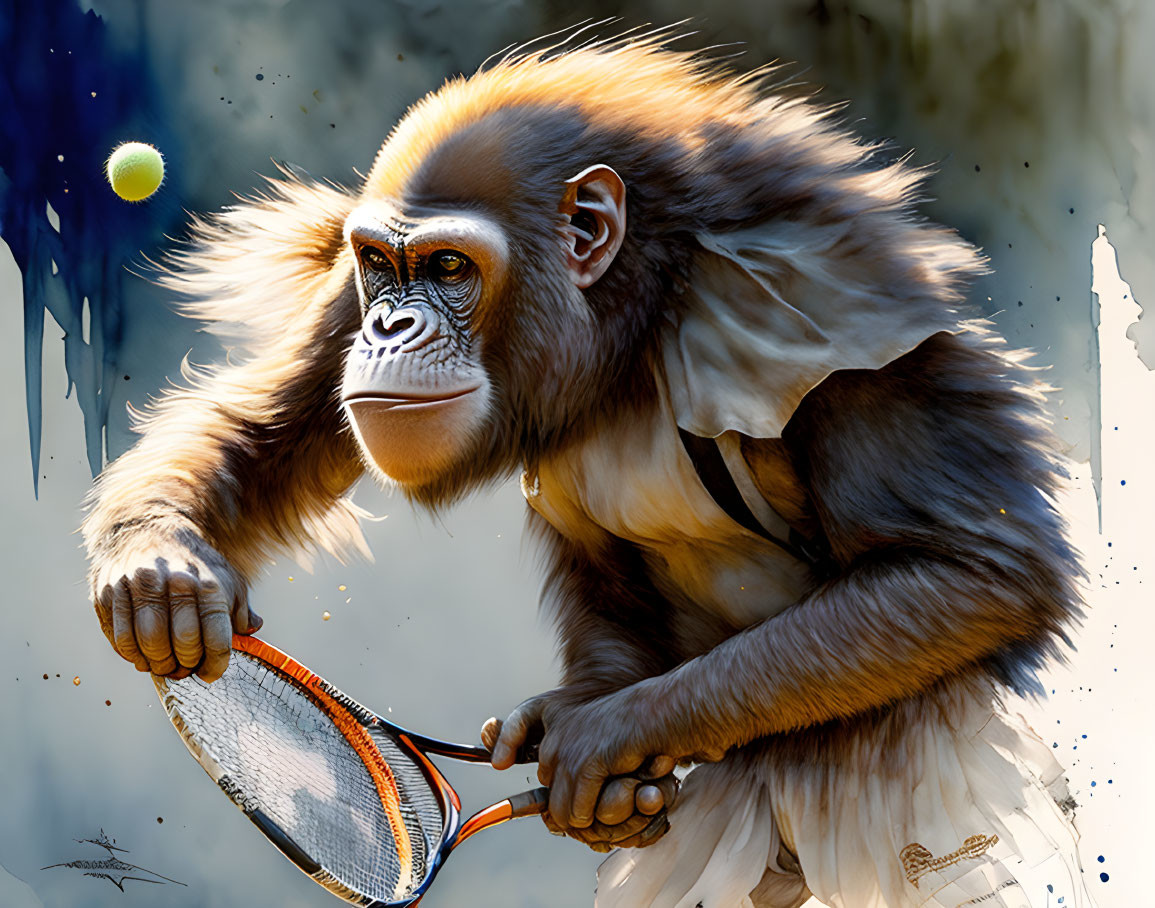 Anthropomorphic monkey playing tennis with ball and racket on abstract background