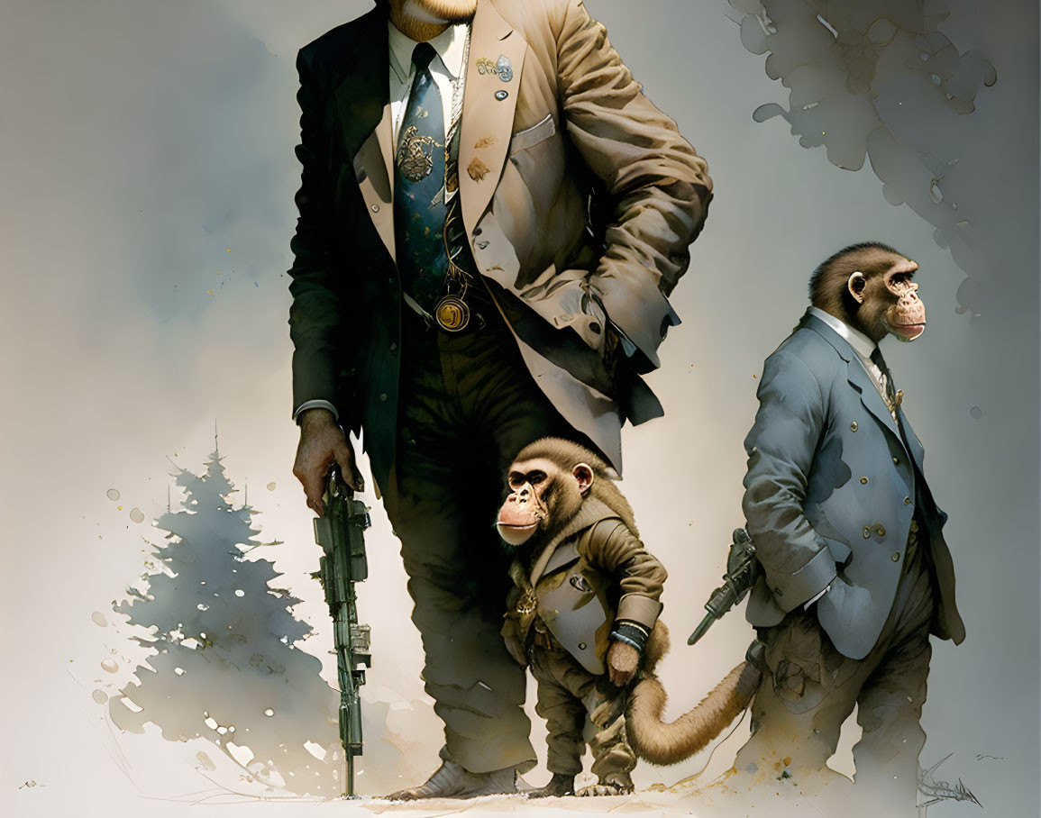 Anthropomorphic monkeys in suits with medals and snowy forest backdrop.