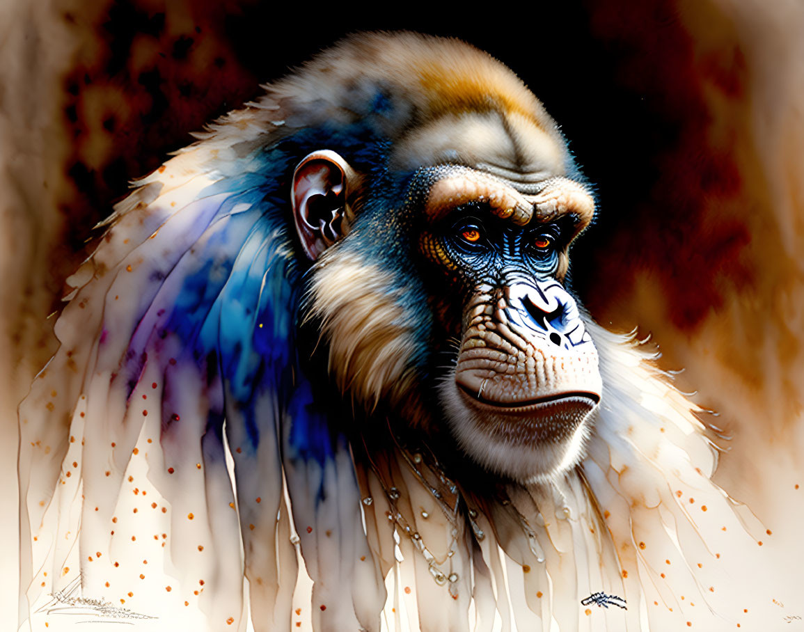 Colorful Artistic Illustration of Pensive Primate in Blue and Brown Hues