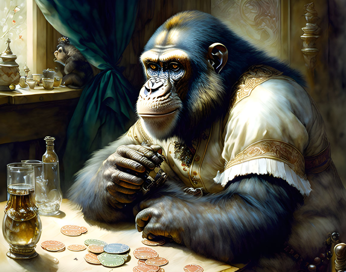 Chimpanzee in Renaissance attire with coins and amber liquid at opulent table