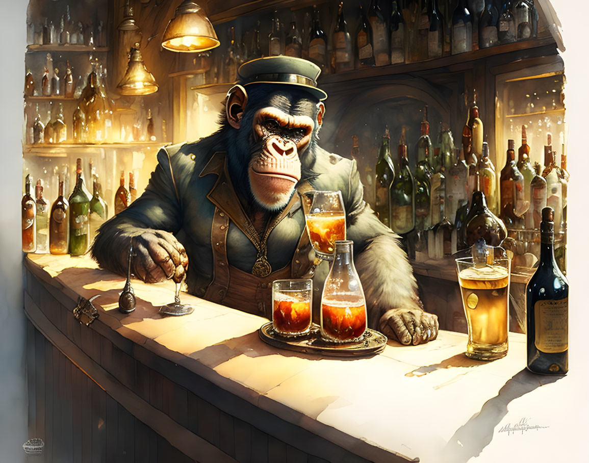 Gorilla in jacket serves drinks at bar with filled glass and bottles.