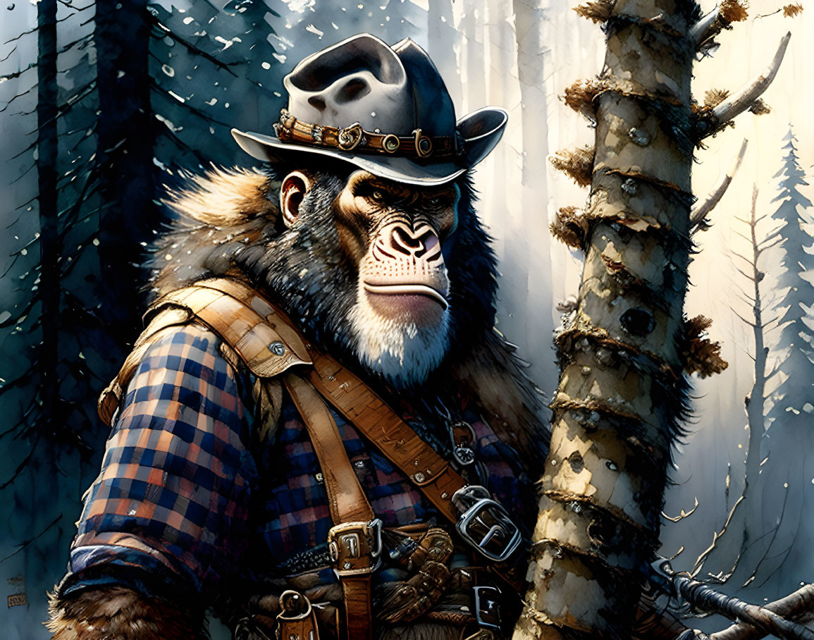 Anthropomorphic gorilla in cowboy attire in snowy forest