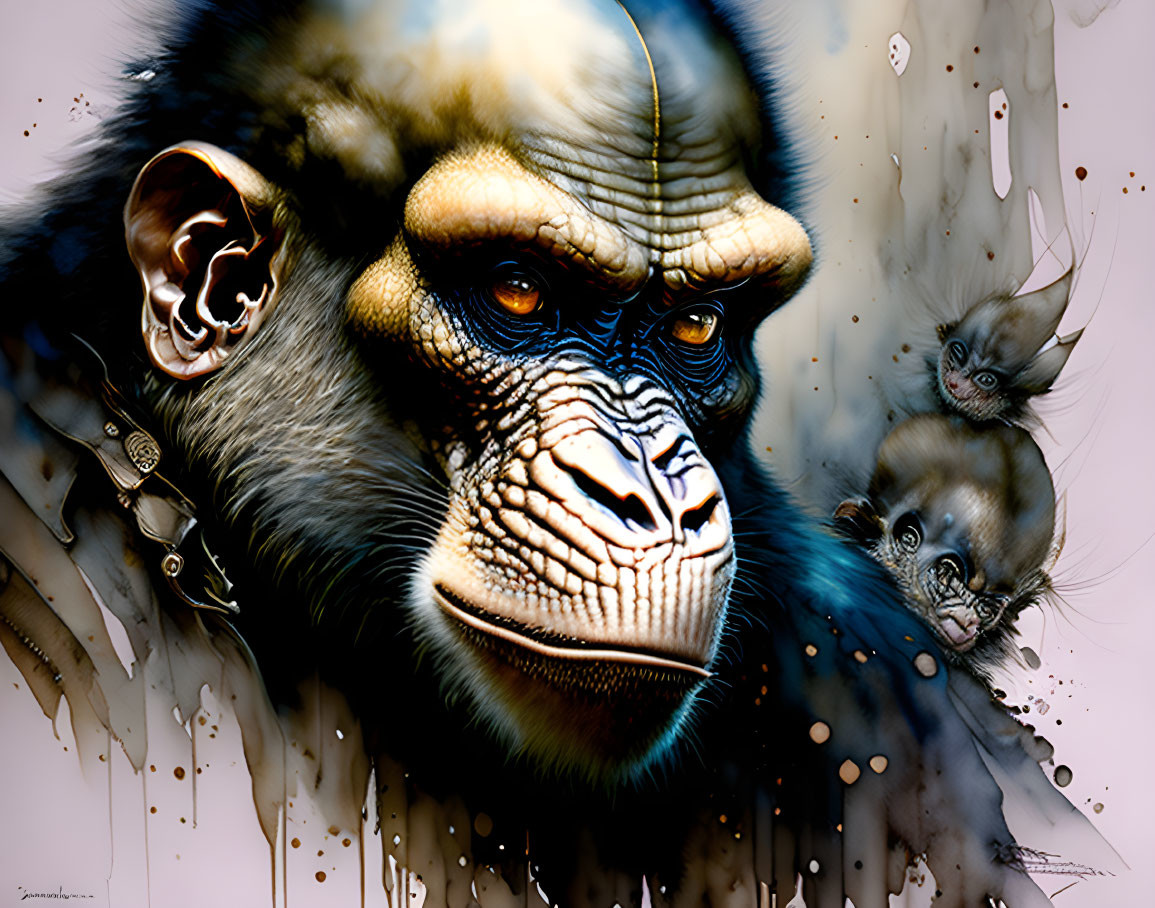 Detailed digital painting of chimpanzee's intense gaze with abstract splashes and shadowy creatures.