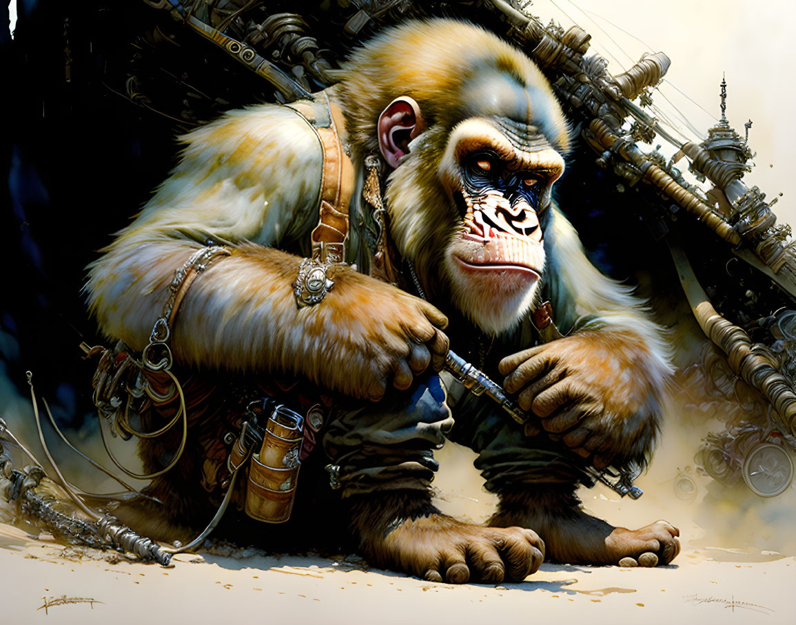 Anthropomorphic ape in tribal face paint with spear, armor, and shackles amidst intricate machinery.