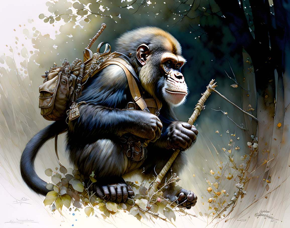 Detailed illustration: Monkey with human-like features in leather harness, holding walking stick and backpack