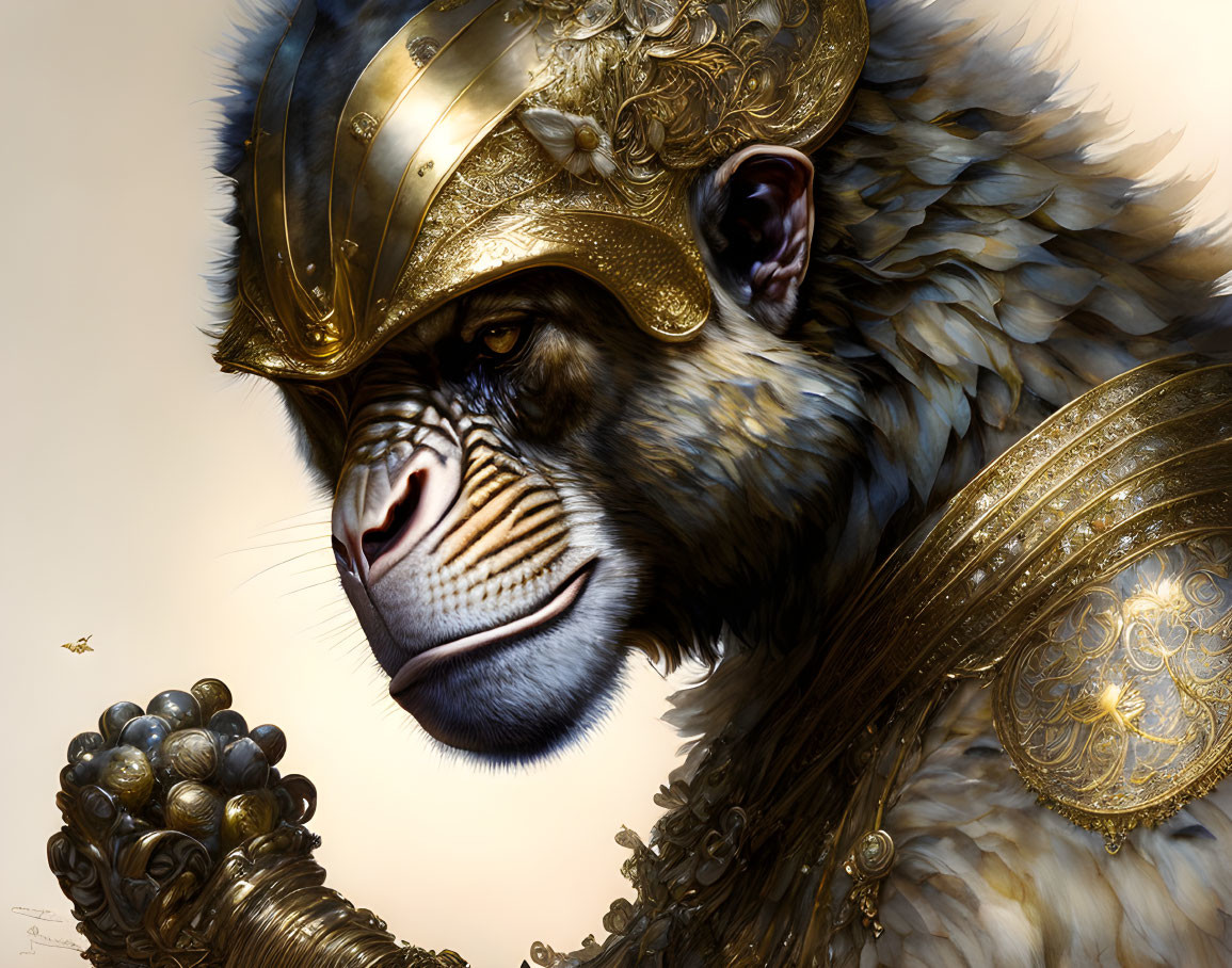 Detailed baboon illustration in ornate golden armor with thoughtful expression and hovering bee.