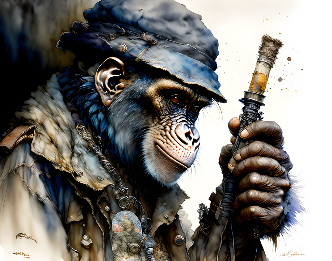 Detailed Illustration: Chimpanzee in Military Garb with Brush, Intense Expression