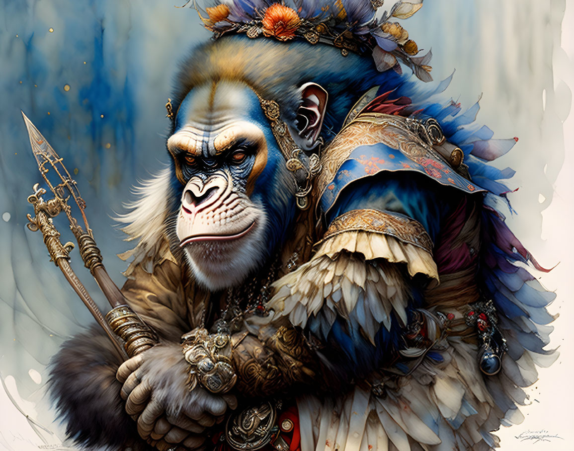 Anthropomorphic blue-faced monkey in regal attire with spear, feathers, and jewelry