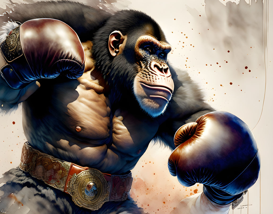 Muscular gorilla in boxing gear against splattered background