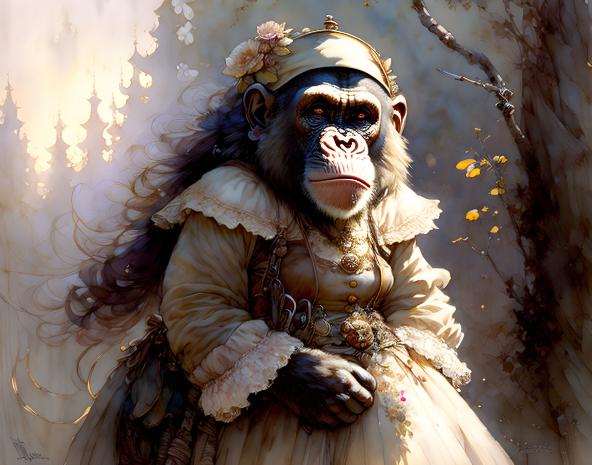 Illustrated chimpanzee in vintage dress with flowers in hair against forest backdrop