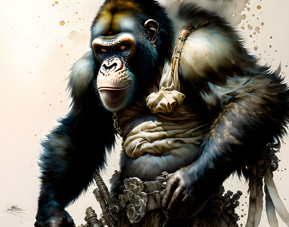 Anthropomorphic gorilla warrior with bone club and tribal adornments