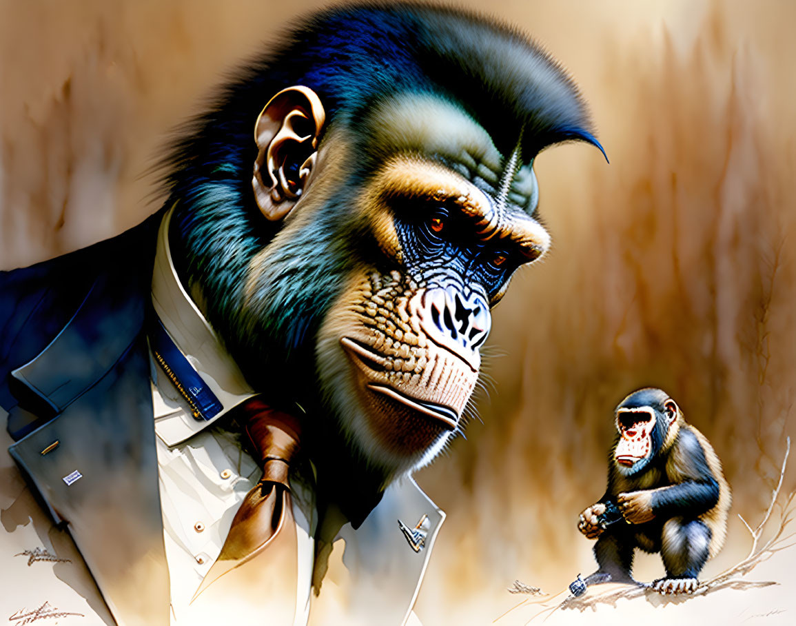 Large blue-faced mandrill in suit with small monkey in sepia-toned background