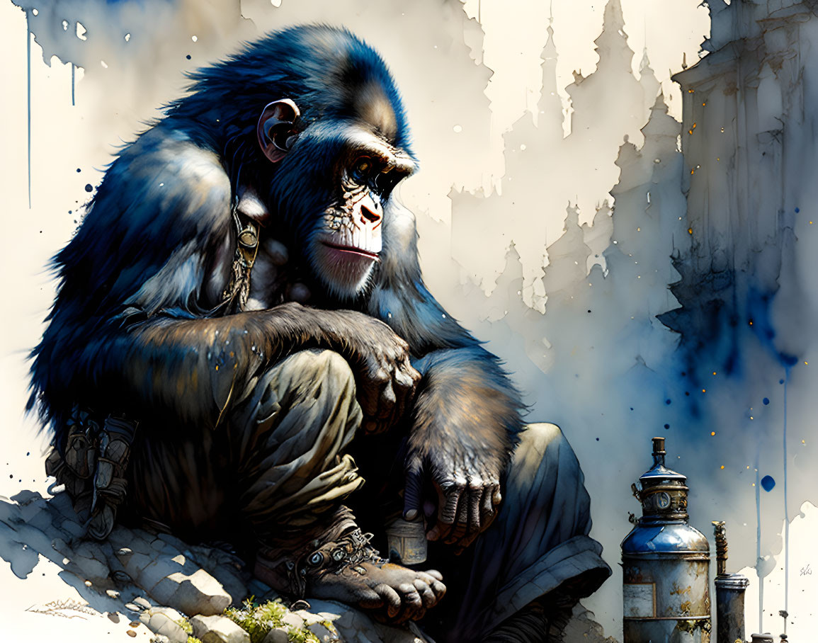 Digital painting of thoughtful chimpanzee with spray paint can by graffiti wall