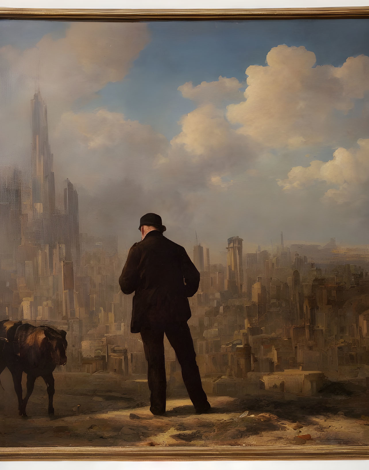 Man in black suit and hat gazes at futuristic cityscape with skyscrapers in painting