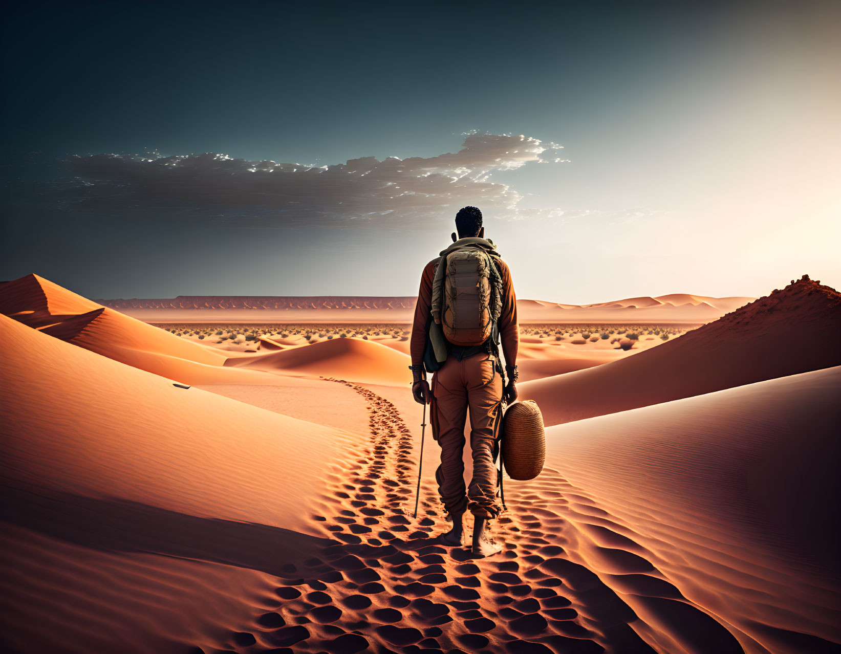 Solitary traveler with backpack in sandy desert landscape