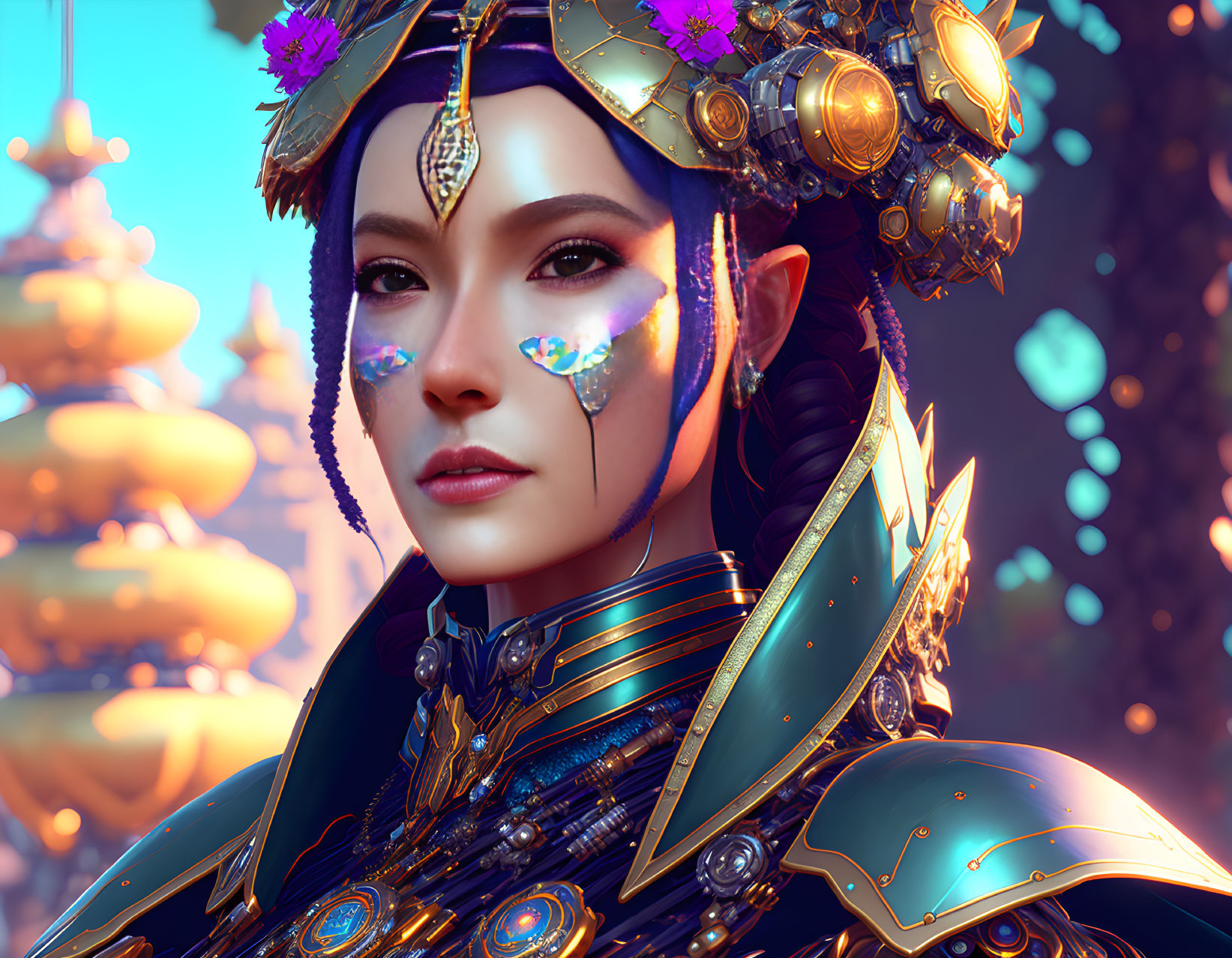 Detailed digital portrait of female character in gold and blue armor with elfin features and intricate facial jewelry in