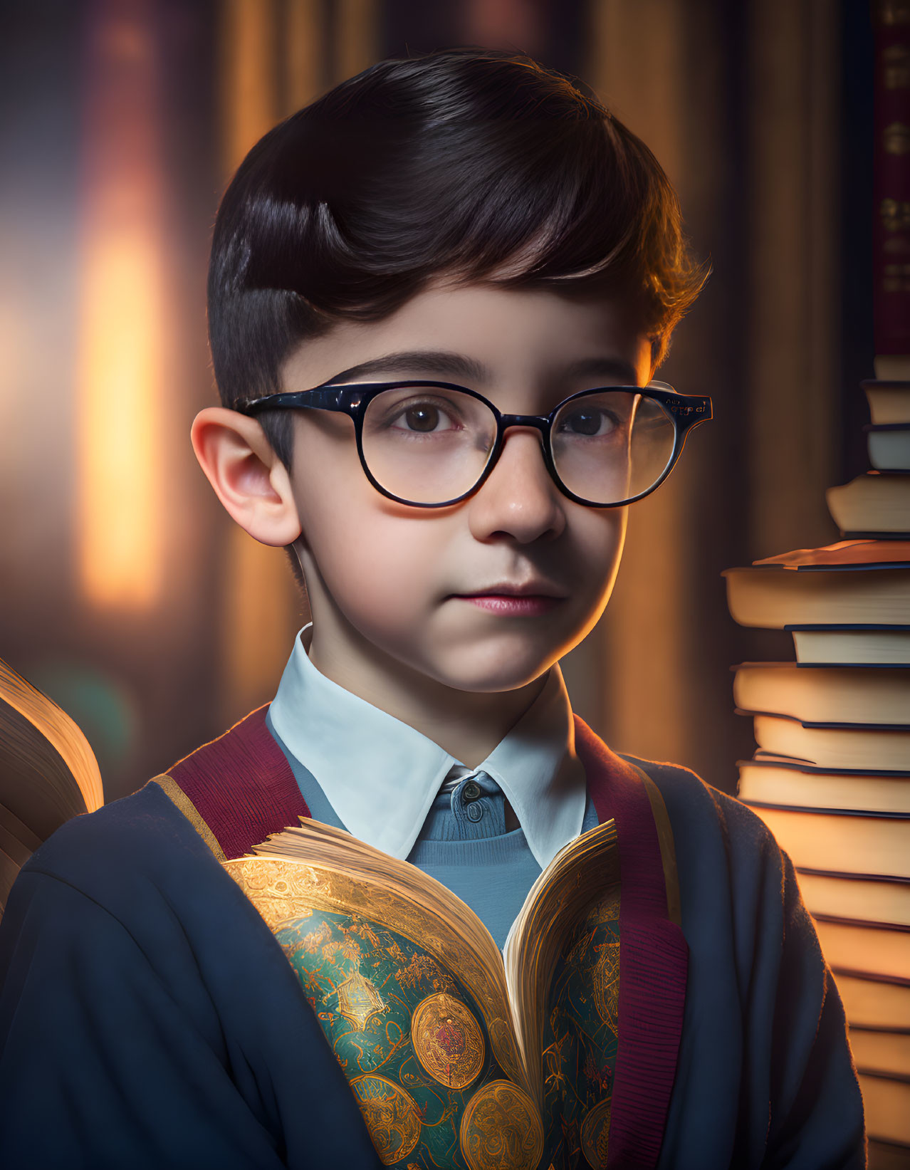 Young boy in glasses reading ornate book among stacks of books