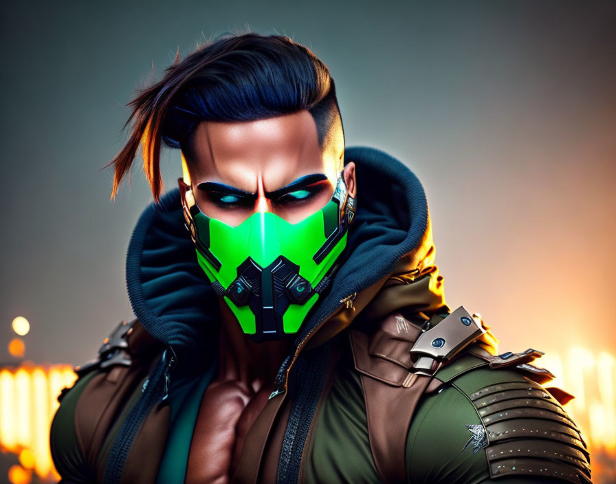 Character with glowing green mask in high-collar jacket against cityscape