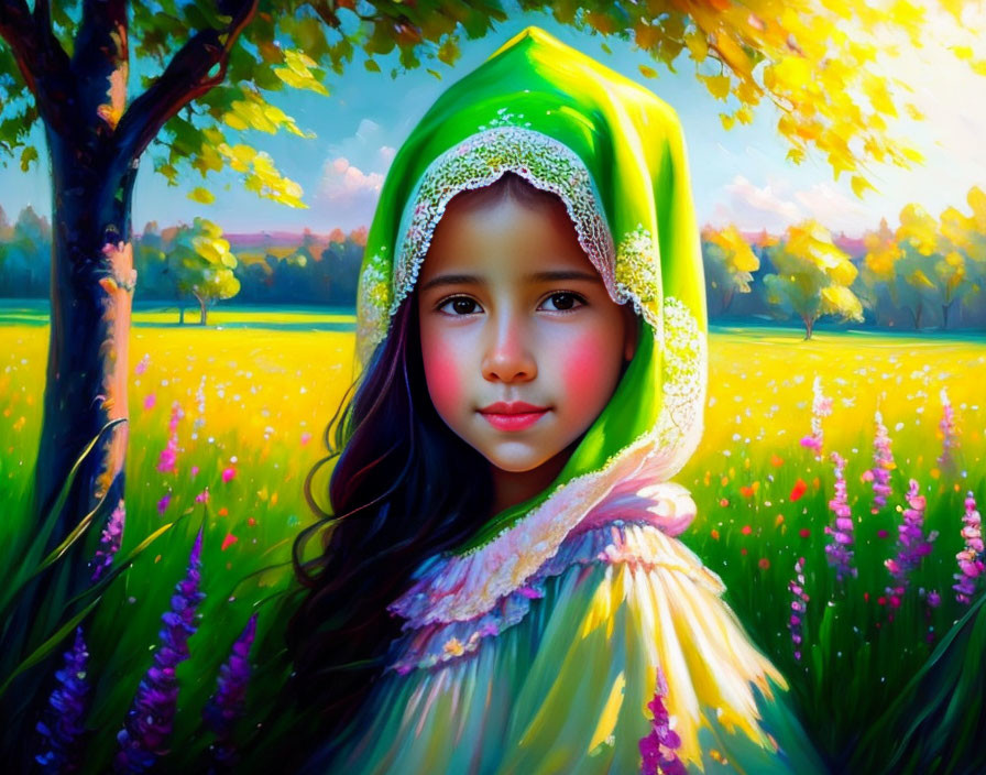 Young girl in green headscarf in vibrant autumn meadow