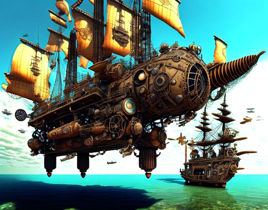 Fantastical steampunk-style airships over tranquil turquoise sea