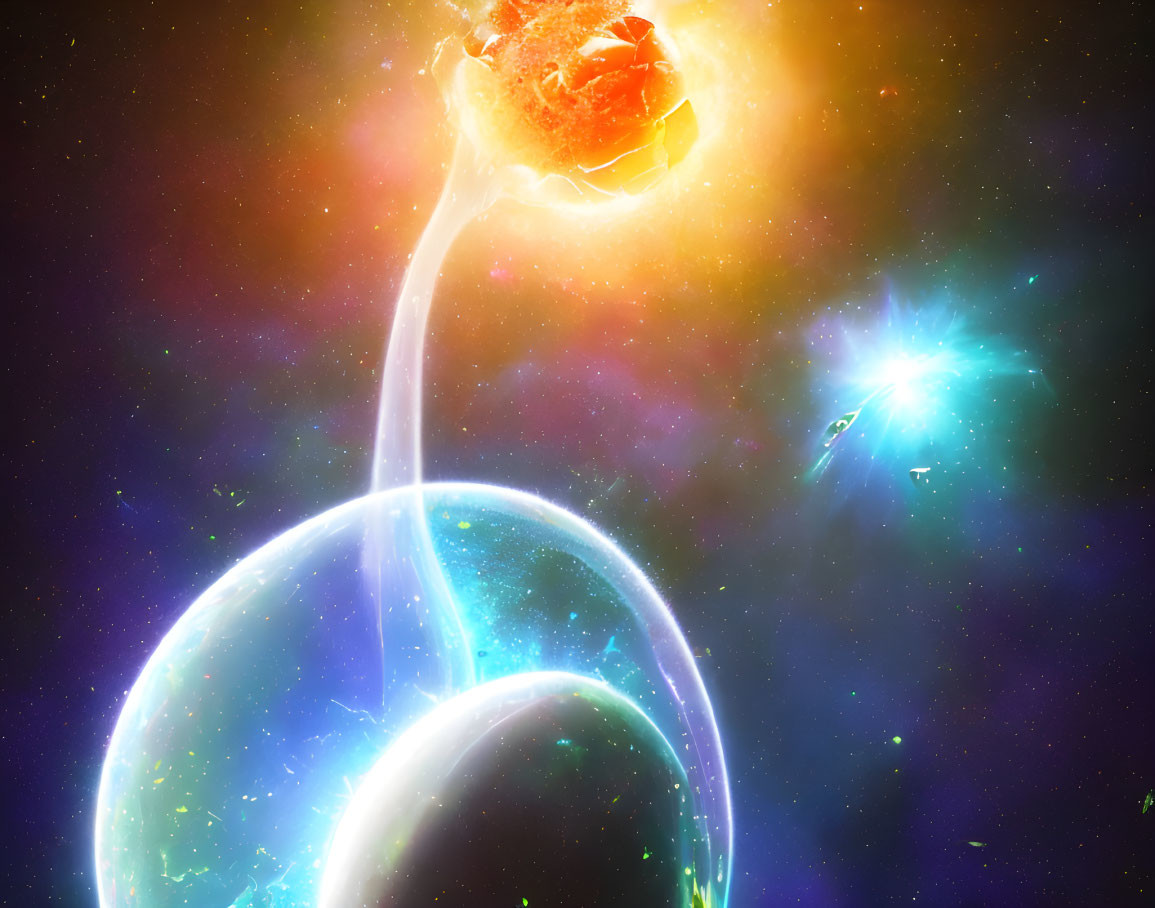 Colorful Cosmic Scene: Two Celestial Bodies Connected by Energy Beam