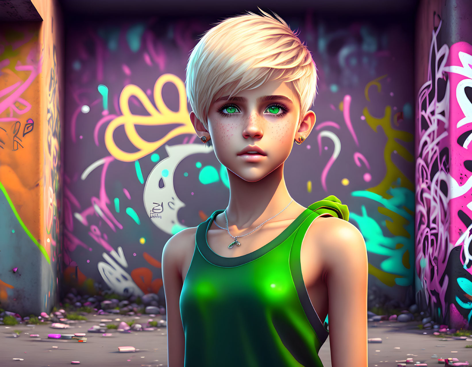 3D-rendered image of young person with blonde hair and green eyes in front of vibrant graffiti wearing