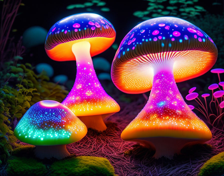 Colorful neon mushrooms in a dark forest setting