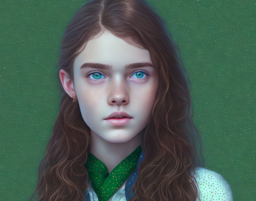 Young female portrait with blue eyes, brown hair, white top, green polka-dotted scarf,