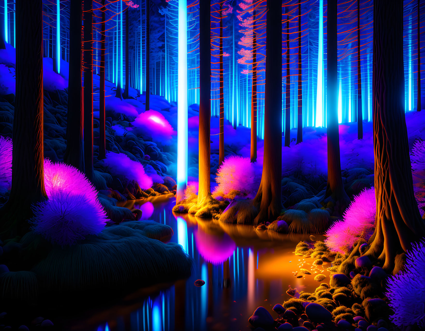 Neon-lit forest with purple and blue hues by serene water