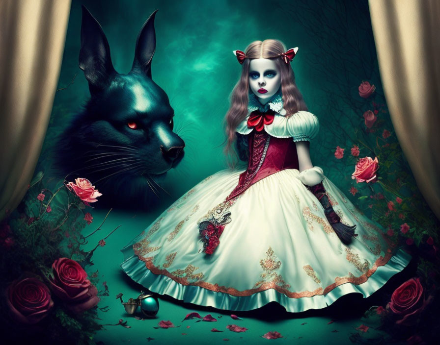 Surreal image of woman in elaborate dress with large cat among roses