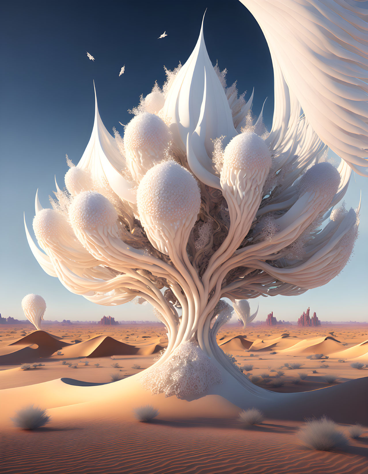 Fantastical white tree in surreal desert landscape