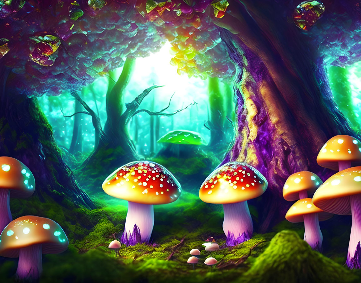 Enchanting Fantasy Forest with Luminescent Mushrooms and Jewel-like Canopies