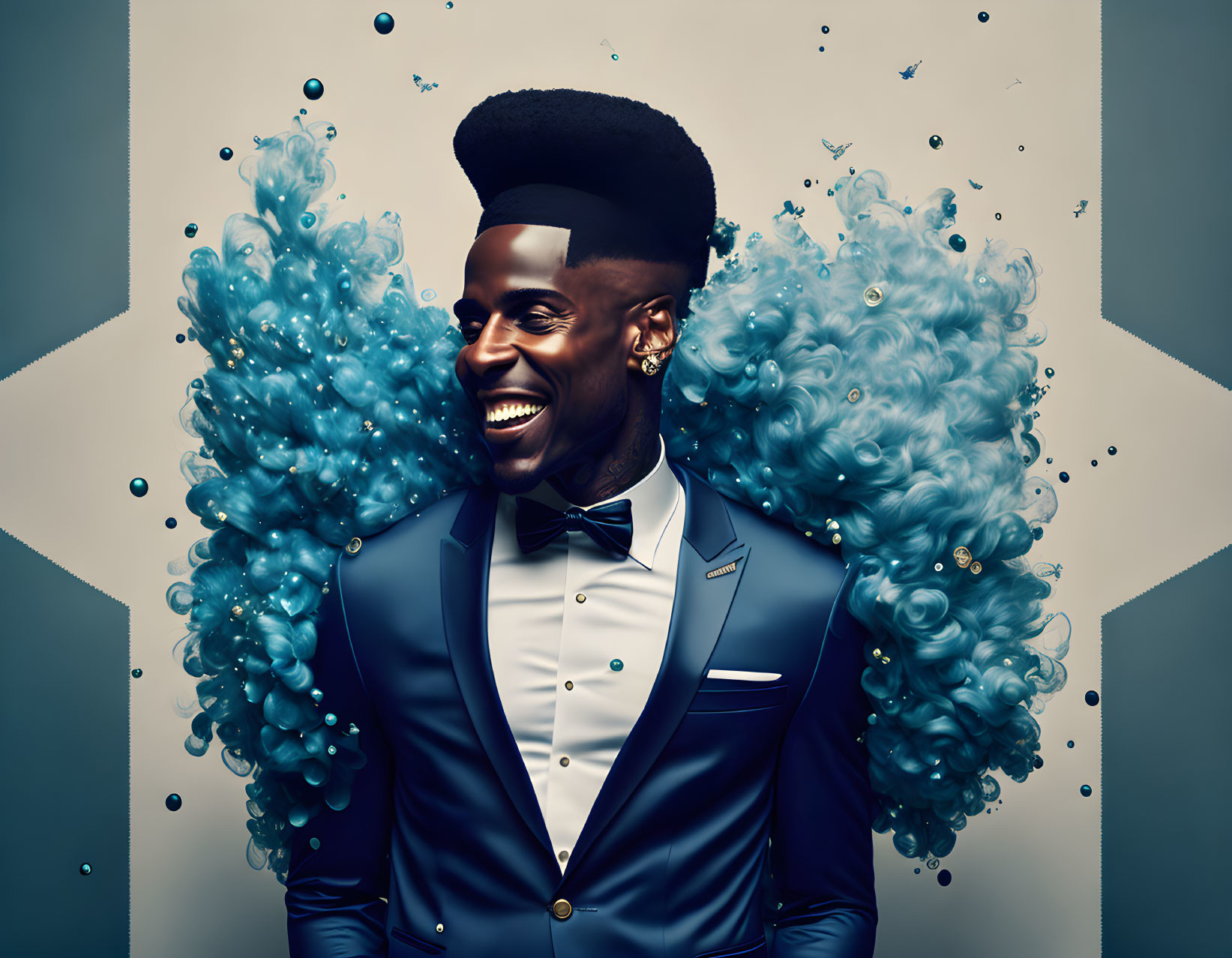 Illustrated man with high-top fade surrounded by blue smoke and butterflies on hexagon background